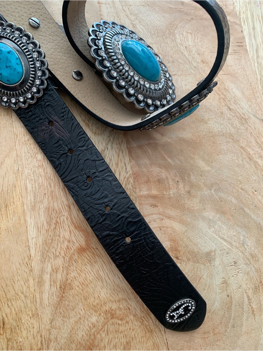 CHRISTINE ALEXANDER Concho Swarovski Crystals Turquoise Blk Leather Belt size L - Picture 7 of 8